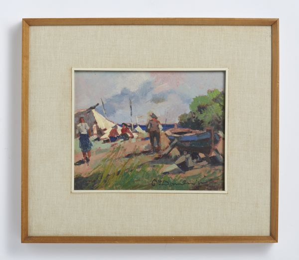 DOMENICI CARLO (1898 - 1981) : Paesaggio marino con barche e pescatori  - Asta Asta 502 | ARTE ANTICA E DEL XIX SECOLO Online - Associazione Nazionale - Case d'Asta italiane