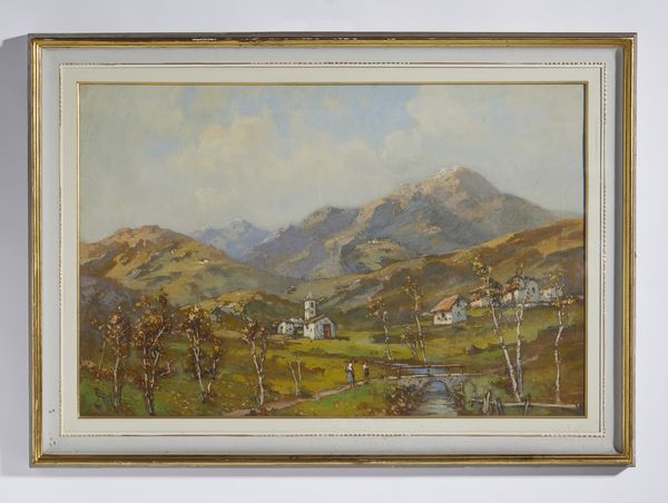 GIGNOUS LORENZO (1862 - 1958) : Paesaggio montano con case e personaggi  - Asta Asta 502 | ARTE ANTICA E DEL XIX SECOLO Online - Associazione Nazionale - Case d'Asta italiane