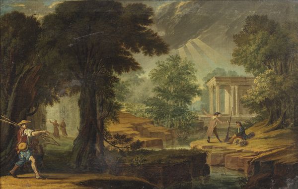 ARTISTA ITALIANO DEL XVIII SECOLO : Paesaggio boschivo con personaggi presso un ruscello, un capriccio architettonico sullo sfondo  - Asta Asta 502 | ARTE ANTICA E DEL XIX SECOLO Online - Associazione Nazionale - Case d'Asta italiane