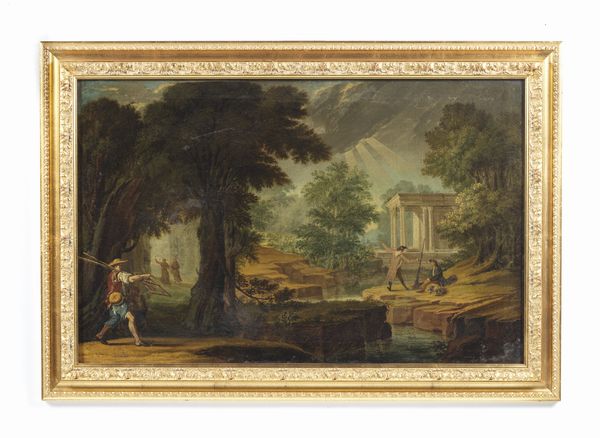 ARTISTA ITALIANO DEL XVIII SECOLO : Paesaggio boschivo con personaggi presso un ruscello, un capriccio architettonico sullo sfondo  - Asta Asta 502 | ARTE ANTICA E DEL XIX SECOLO Online - Associazione Nazionale - Case d'Asta italiane