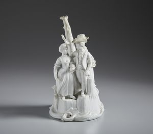 MANIFATTURA GEMINIANO COZZI, VENEZIA, 1780 CIRCA - Gruppo in porcellana bianca raffigurante tre personaggi in un ambientazione agreste