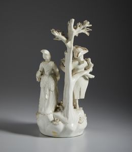 MANIFATTURA DI BASSANO DEL XIX SECOLO : Gruppo in terraglia smaltata raffigurante una scena galante con coppia di personaggi sotto a un albero  - Asta Asta 502 | ARTE ANTICA E DEL XIX SECOLO Online - Associazione Nazionale - Case d'Asta italiane