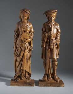 SCULTORE DI AREA GERMANICA DEL XX SECOLO - Coppia di sculture in legno intagliato nello stile di Heinrich Douvermann