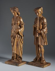 SCULTORE DI AREA GERMANICA DEL XX SECOLO : Coppia di sculture in legno intagliato nello stile di Heinrich Douvermann  - Asta Asta 502 | ARTE ANTICA E DEL XIX SECOLO Online - Associazione Nazionale - Case d'Asta italiane