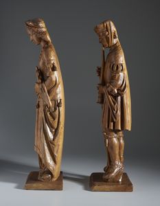 SCULTORE DI AREA GERMANICA DEL XX SECOLO : Coppia di sculture in legno intagliato nello stile di Heinrich Douvermann  - Asta Asta 502 | ARTE ANTICA E DEL XIX SECOLO Online - Associazione Nazionale - Case d'Asta italiane