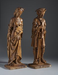 SCULTORE DI AREA GERMANICA DEL XX SECOLO : Coppia di sculture in legno intagliato nello stile di Heinrich Douvermann  - Asta Asta 502 | ARTE ANTICA E DEL XIX SECOLO Online - Associazione Nazionale - Case d'Asta italiane