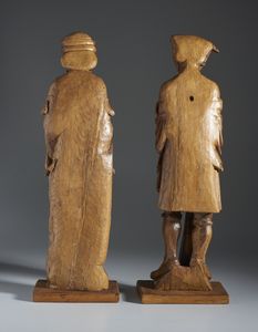 SCULTORE DI AREA GERMANICA DEL XX SECOLO : Coppia di sculture in legno intagliato nello stile di Heinrich Douvermann  - Asta Asta 502 | ARTE ANTICA E DEL XIX SECOLO Online - Associazione Nazionale - Case d'Asta italiane