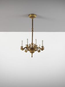 THOMIRE PIERRE PHILIPPE (1751 - 1843) - Lampadario in bronzo dorato al mercurio con decori neoclassici a palmette, fusto centrale circondato da girotondo di putti alati con ghirlande, bracci in foggia di cornucopie fitomorfe