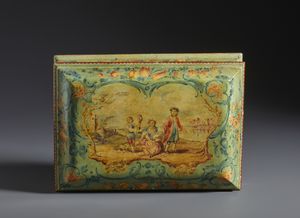 MANIFATTURA VENETA DEL XIX-XX SECOLO : Scatola in legno laccato in policromia, decori a motivi floreali e naturalistici con scena galante sul coperchio  - Asta Asta 502 | ARTE ANTICA E DEL XIX SECOLO Online - Associazione Nazionale - Case d'Asta italiane