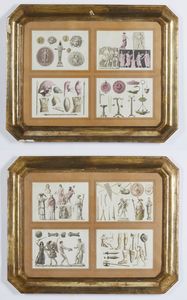 MANIFATTURA DEL XIX SECOLO - Coppia di composizioni con incisioni a tema archeologico