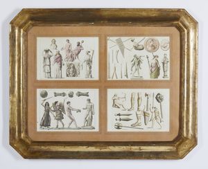 MANIFATTURA DEL XIX SECOLO : Coppia di composizioni con incisioni a tema archeologico  - Asta Asta 502 | ARTE ANTICA E DEL XIX SECOLO Online - Associazione Nazionale - Case d'Asta italiane