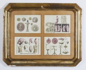 MANIFATTURA DEL XIX SECOLO : Coppia di composizioni con incisioni a tema archeologico  - Asta Asta 502 | ARTE ANTICA E DEL XIX SECOLO Online - Associazione Nazionale - Case d'Asta italiane