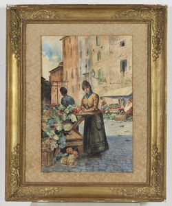 INGANNI ANGELO (1807 - 1880) : Veduta cittadina con fruttivendole  - Asta Asta 502 | ARTE ANTICA E DEL XIX SECOLO Online - Associazione Nazionale - Case d'Asta italiane