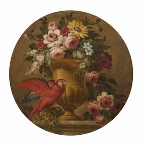 ARTISTA DEL XIX SECOLO - Vaso di fiori con pappagallo