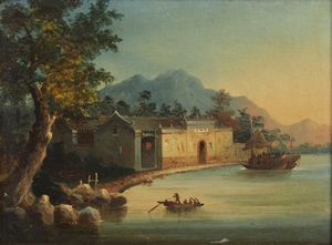 PITTORE CINESE DEL XIX SECOLO - Veduta con edificio e imbarcazioni