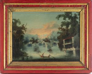 PITTORE CINESE DEL XIX SECOLO : Veduta lacustre con imbarcazione e personaggi  - Asta Asta 502 | ARTE ANTICA E DEL XIX SECOLO Online - Associazione Nazionale - Case d'Asta italiane
