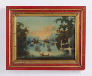 PITTORE CINESE DEL XIX SECOLO : Veduta lacustre con imbarcazione e personaggi  - Asta Asta 502 | ARTE ANTICA E DEL XIX SECOLO Online - Associazione Nazionale - Case d'Asta italiane