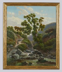 DONNINI EMILIO (1809 - 1886) : Paesaggio naturale con ruscello e viandanti  - Asta Asta 502 | ARTE ANTICA E DEL XIX SECOLO Online - Associazione Nazionale - Case d'Asta italiane