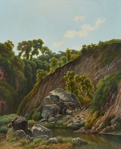 DONNINI EMILIO (1809 - 1886) - Paesaggio naturale con specchio d'acqua e personaggi