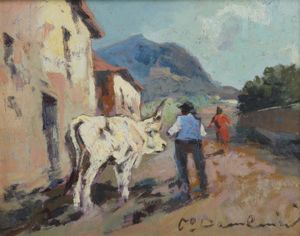 DOMENICI CARLO (1898 - 1981) - Paesaggio con contadino e bue