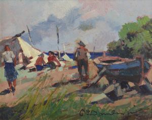 DOMENICI CARLO (1898 - 1981) - Paesaggio marino con barche e pescatori