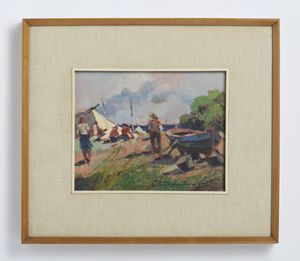 DOMENICI CARLO (1898 - 1981) : Paesaggio marino con barche e pescatori  - Asta Asta 502 | ARTE ANTICA E DEL XIX SECOLO Online - Associazione Nazionale - Case d'Asta italiane