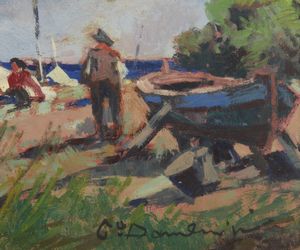 DOMENICI CARLO (1898 - 1981) : Paesaggio marino con barche e pescatori  - Asta Asta 502 | ARTE ANTICA E DEL XIX SECOLO Online - Associazione Nazionale - Case d'Asta italiane