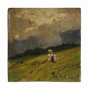 DELLEANI LORENZO (1840 - 1908) - Paesaggio con figure