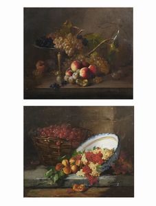 BRUNEL DE NEUVILLE ALFRED ARTHUR (1852 - 1941) : Coppia di dipinti raffiguranti natura morta con pesche, uva e ciliegie  - Asta Asta 502 | ARTE ANTICA E DEL XIX SECOLO Online - Associazione Nazionale - Case d'Asta italiane