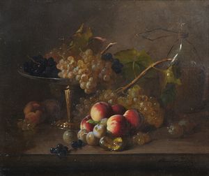 BRUNEL DE NEUVILLE ALFRED ARTHUR (1852 - 1941) : Coppia di dipinti raffiguranti natura morta con pesche, uva e ciliegie  - Asta Asta 502 | ARTE ANTICA E DEL XIX SECOLO Online - Associazione Nazionale - Case d'Asta italiane