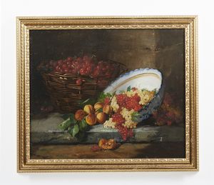 BRUNEL DE NEUVILLE ALFRED ARTHUR (1852 - 1941) : Coppia di dipinti raffiguranti natura morta con pesche, uva e ciliegie  - Asta Asta 502 | ARTE ANTICA E DEL XIX SECOLO Online - Associazione Nazionale - Case d'Asta italiane