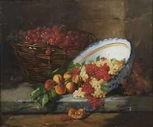 BRUNEL DE NEUVILLE ALFRED ARTHUR (1852 - 1941) : Coppia di dipinti raffiguranti natura morta con pesche, uva e ciliegie  - Asta Asta 502 | ARTE ANTICA E DEL XIX SECOLO Online - Associazione Nazionale - Case d'Asta italiane