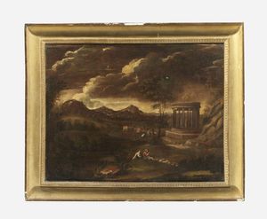 ARTISTA ROMANO DEL XVII SECOLO : Paesaggio arcadico con rovine e scena pastorale  - Asta Asta 502 | ARTE ANTICA E DEL XIX SECOLO Online - Associazione Nazionale - Case d'Asta italiane