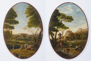 ARTISTA DEL XVIII-XIX SECOLO - Coppia di dipinti raffiguranti scene pastorali