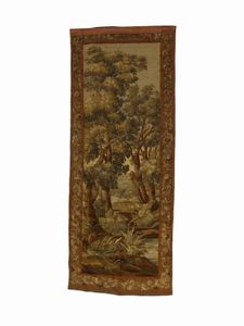 MANIFATTURA DI OUDENAARDE DEL XVIII SECOLO : Arazzo con paesaggio boschivo e specchio d'acqua entro cornice a motivi floreali e a volute  - Asta Asta 502 | ARTE ANTICA E DEL XIX SECOLO Online - Associazione Nazionale - Case d'Asta italiane