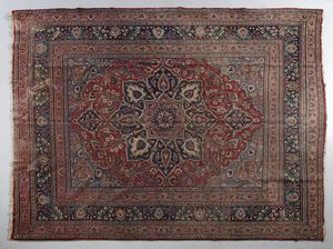 MANIFATTURA DEL XX SECOLO - Tappeto fondo blu/rosso con decoro floreale stilizzato