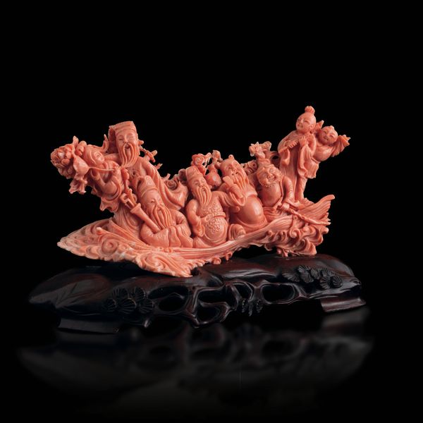Figura in corallo raffigurante barca con immortali, Cina, XIX secolo  - Asta Fine Asian Works of Art - Associazione Nazionale - Case d'Asta italiane
