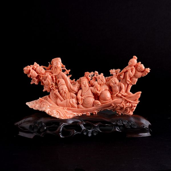 Figura in corallo raffigurante barca con immortali, Cina, XIX secolo  - Asta Fine Asian Works of Art - Associazione Nazionale - Case d'Asta italiane