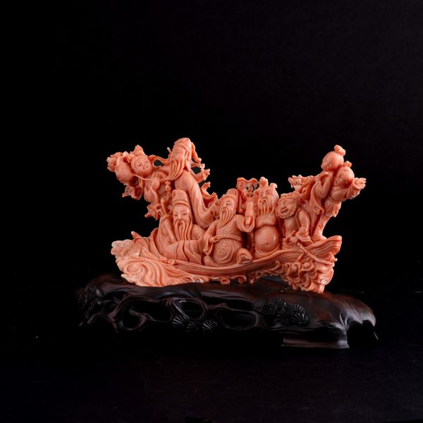 Figura in corallo raffigurante barca con immortali, Cina, XIX secolo  - Asta Fine Asian Works of Art - Associazione Nazionale - Case d'Asta italiane