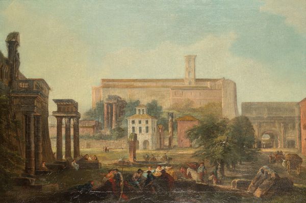 Scuola romana, secolo XVIII : Veduta di Campo Vaccino con il Campidoglio sullo sfondo  - Asta Incanti d'Arte - Associazione Nazionale - Case d'Asta italiane