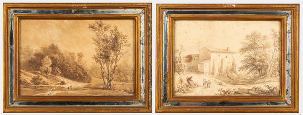 Felice Storelli : Paesaggio con viandanti; Paesaggio con pescatori  - Asta Incanti d'Arte - Associazione Nazionale - Case d'Asta italiane