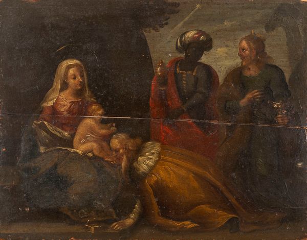 Scuola dell'Italia settentrionale, fine secolo XVI - inizi secolo XVII : Adorazione dei Magi  - Asta Incanti d'Arte - Associazione Nazionale - Case d'Asta italiane