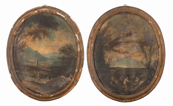 Scuola veneta, secolo XVIII : Paesaggi con figure  - Asta Incanti d'Arte - Associazione Nazionale - Case d'Asta italiane