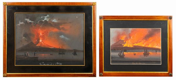 Scuola napoletana, secolo XIX : Due gouaches raffiguranti eruzione notturna del Vesuvio  - Asta Incanti d'Arte - Associazione Nazionale - Case d'Asta italiane