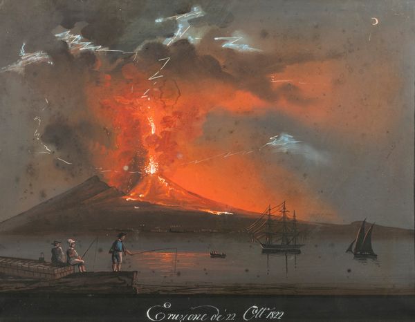 Scuola napoletana, secolo XIX : Due gouaches raffiguranti eruzione notturna del Vesuvio  - Asta Incanti d'Arte - Associazione Nazionale - Case d'Asta italiane