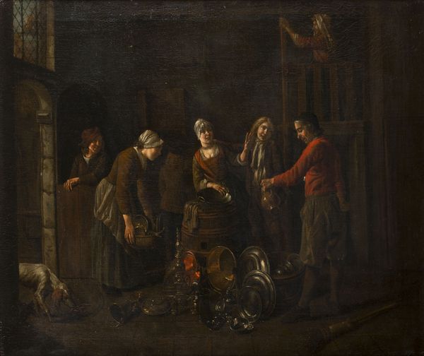Scuola fiamminga, secolo XVII : Scena d'interno con venditore di vasellame  - Asta Incanti d'Arte - Associazione Nazionale - Case d'Asta italiane