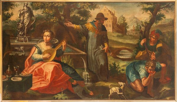 Pittore fiammingo attivo in Italia, secolo XVII : Scena allegorica con nobildonna che suona il liuto  - Asta Incanti d'Arte - Associazione Nazionale - Case d'Asta italiane