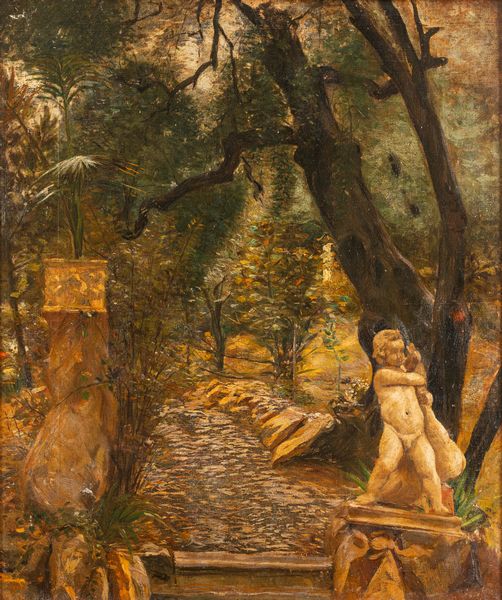 Scuola europea, secolo XIX : Giardino di una villa con scultura del Putto che strozza l'oca  - Asta Incanti d'Arte - Associazione Nazionale - Case d'Asta italiane