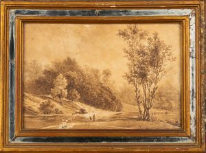 Felice Storelli : Paesaggio con viandanti; Paesaggio con pescatori  - Asta Incanti d'Arte - Associazione Nazionale - Case d'Asta italiane