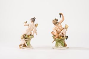 Coppia di sculture in porcellana policroma,  raffiguranti Bacco e Flora, secolo XX  - Asta Incanti d'Arte - Associazione Nazionale - Case d'Asta italiane
